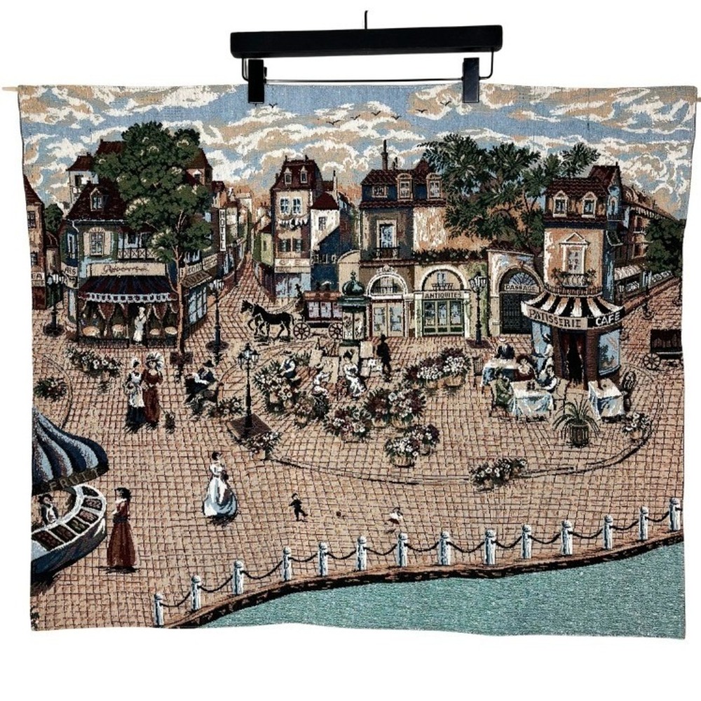 Vintage Woven Parisian Street Scene Tapestry Wall Hanging Cafe Patisserie 34x27